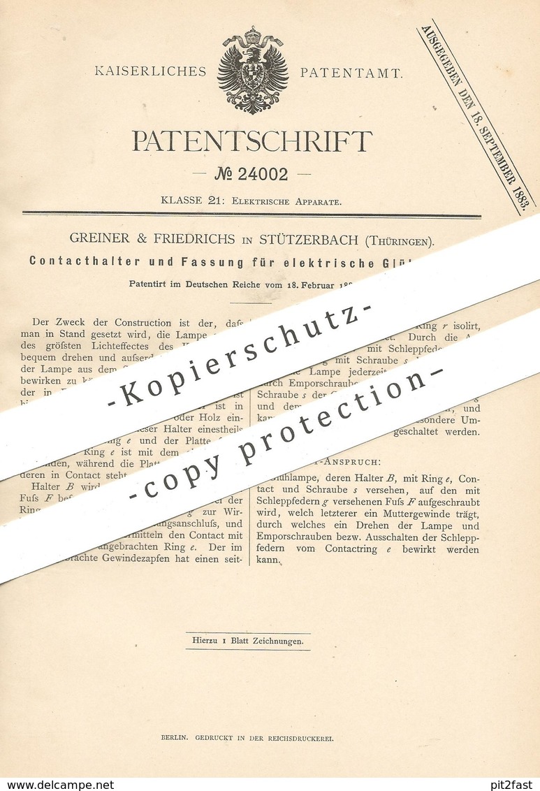 Original Patent - Greiner & Friedrichs , Stützerbach , Thüringen , 1883 , Kontakthalter U. Fassung Für Elektr. Glühlampe - Historische Dokumente