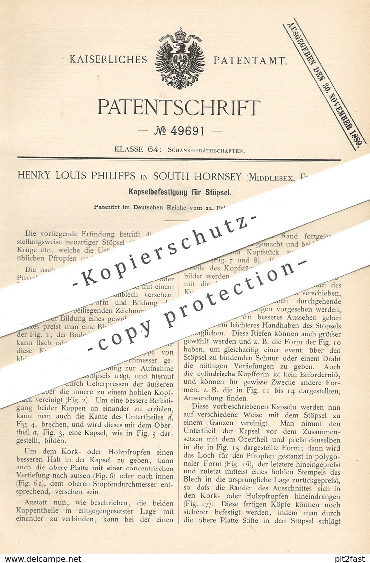 Original Patent - Henry Louis Phillips , Hornsey , Middlesex , England | 1888 | Kapselbefestigung Für Stöpsel , Korken - Historische Dokumente