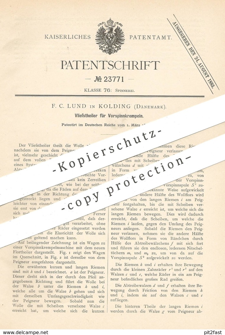 Original Patent - F. C. Lund , Kolding , Dänemark , 1883 , Vliesteiler Für Vorspinnkrempeln | Spinnen , Spinnmaschine - Historische Dokumente