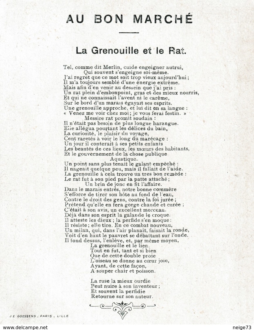 Chromo Ancien - Au Bon Marché - La Grenouille Et Le Rat - Fables De La Fontaine - Au Bon Marché