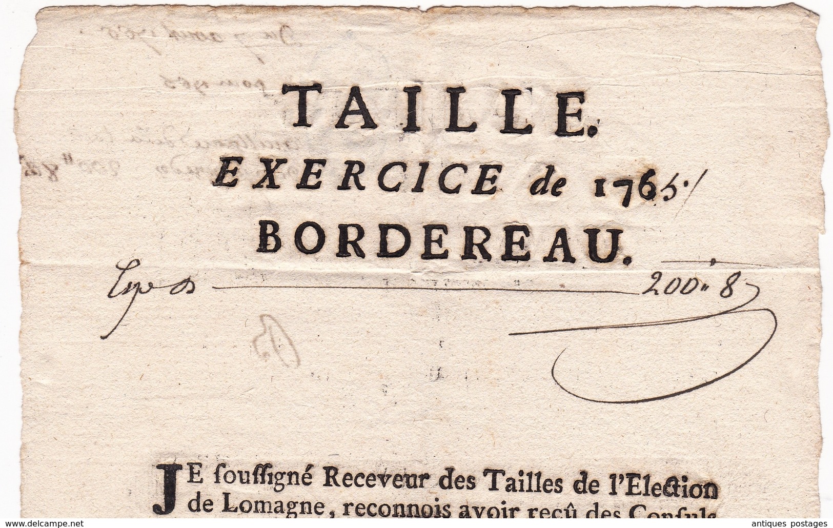 Bordereau 1765 Lomagne Fleurance Auch Gers Impôt Taille - Documents Historiques