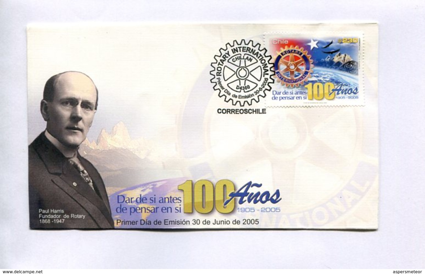 ROTARY - 100 AÑOS, PAUL HARRIS FUNDADOR DEL ROTARY. CHILE 2005 ENVELOPE FDC - LILHU - Rotary, Club Leones