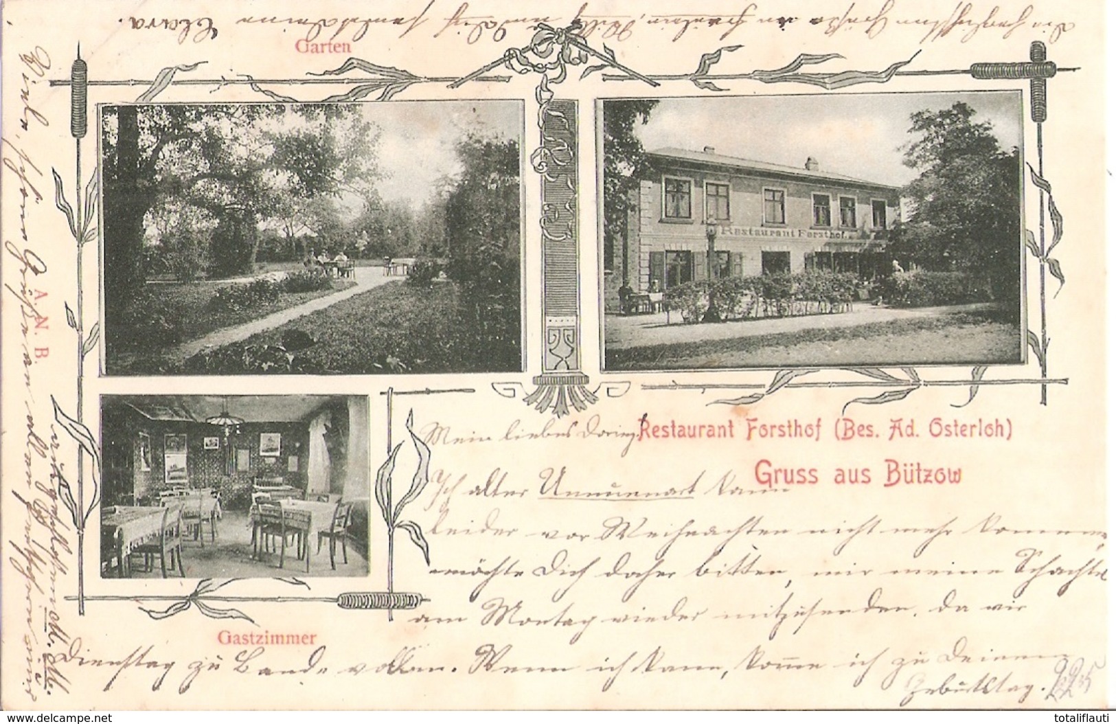 BÜTZOW Mecklenburg Restaurant Forsthof Besitzer Ad Osterloh Jugendstil Rahmen Gelaufen 2.12.1899 - Bützow