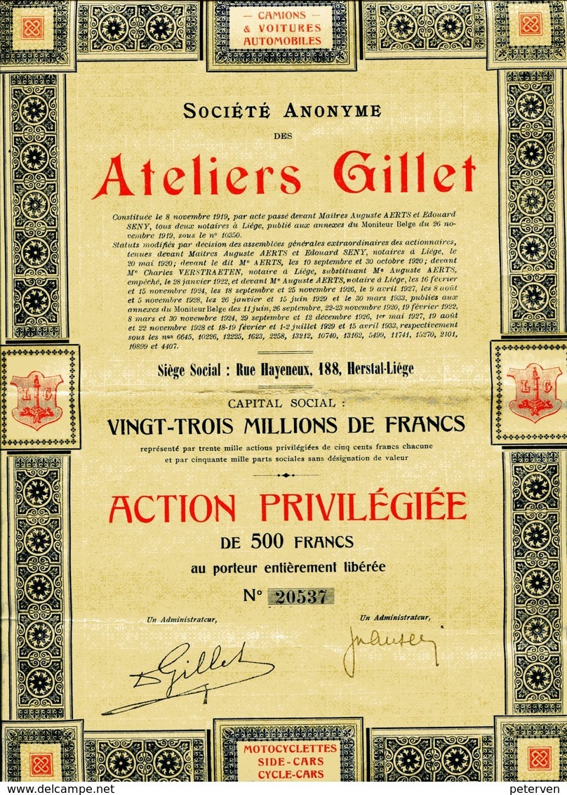 S.A. Des ATELIERS GILLET ; Action Privilégiée - Automobile