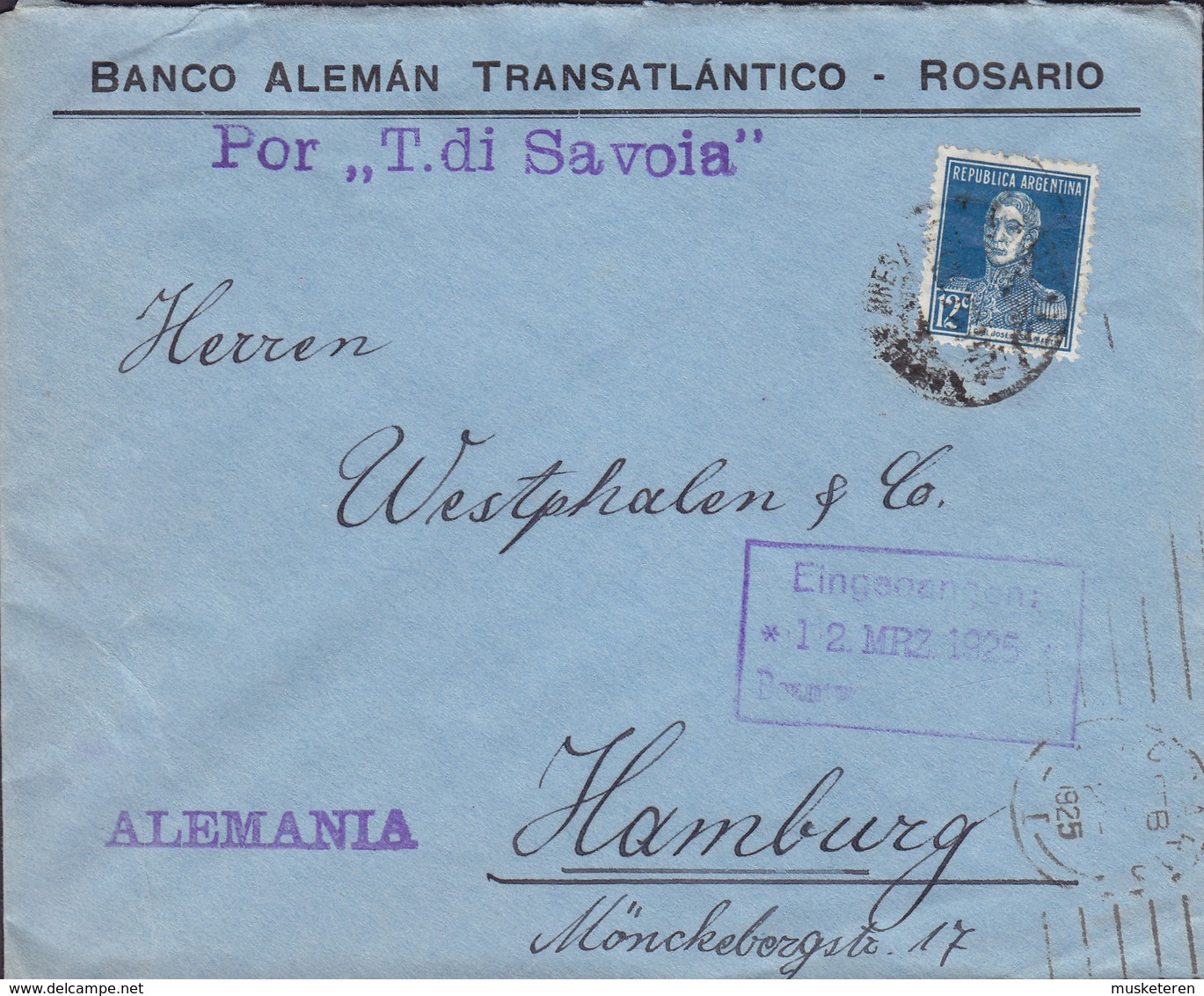 Argentina BANCO ALEMÁN TRANSATLANTÍCO. ROSARIO 1925 Cover Letra HAMBURG Schiffspost Por 'T. Di Savoia' - Briefe U. Dokumente