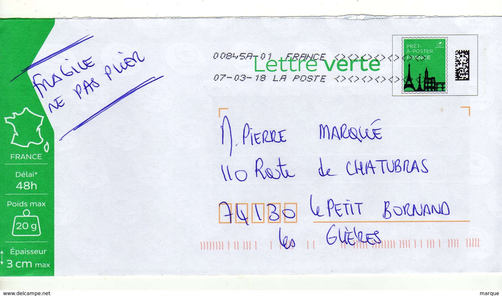 Enveloppe Prêt à Poster Lettre Verte FRANCE Oblitération LA POSTE 00845A-01 07/03/2018 - Prêts-à-poster:  Autres (1995-...)