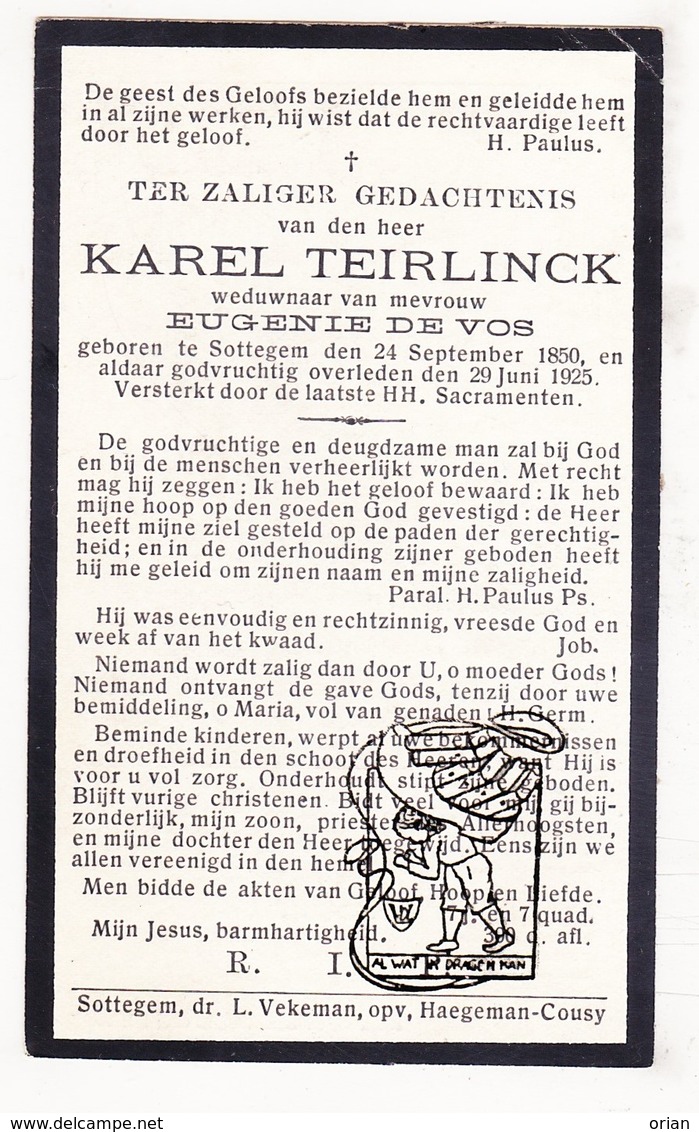 DP Karel Teirlinck ° Zottegem 1850 † 1925 X Eugenie De Vos Devos - Devotieprenten