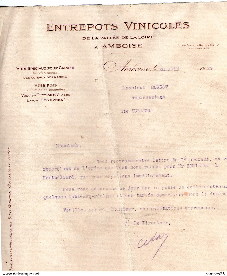 Factures . Amboise .  Entrepots Vinicoles 1928 Ou 1929   (Bon Etat) - Alimentaire