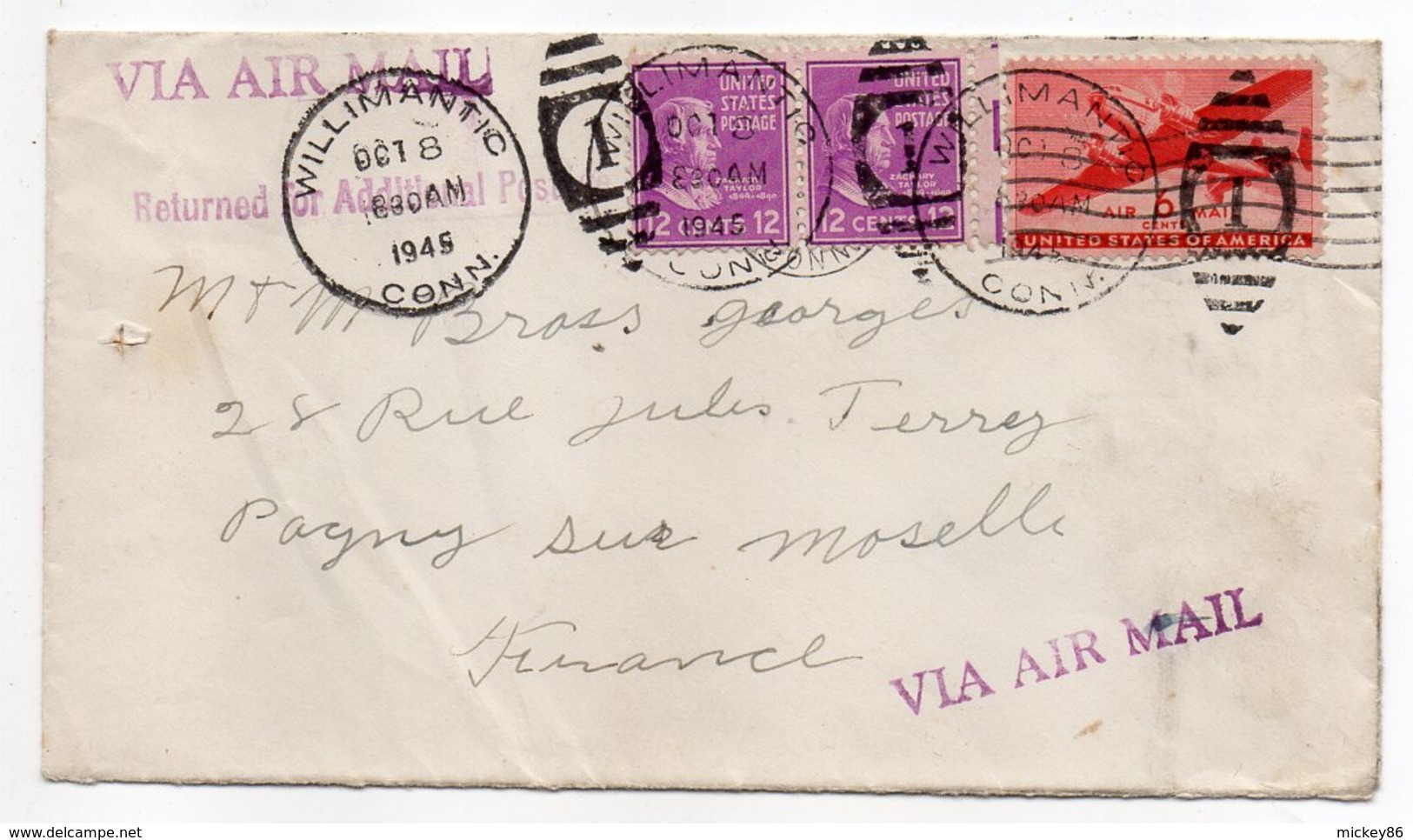 USA-1948--Lettre De WILLIMANTIC (Conn) Pour PAGNY SUR MOSELLE (France)--timbres--cachets - Lettres & Documents