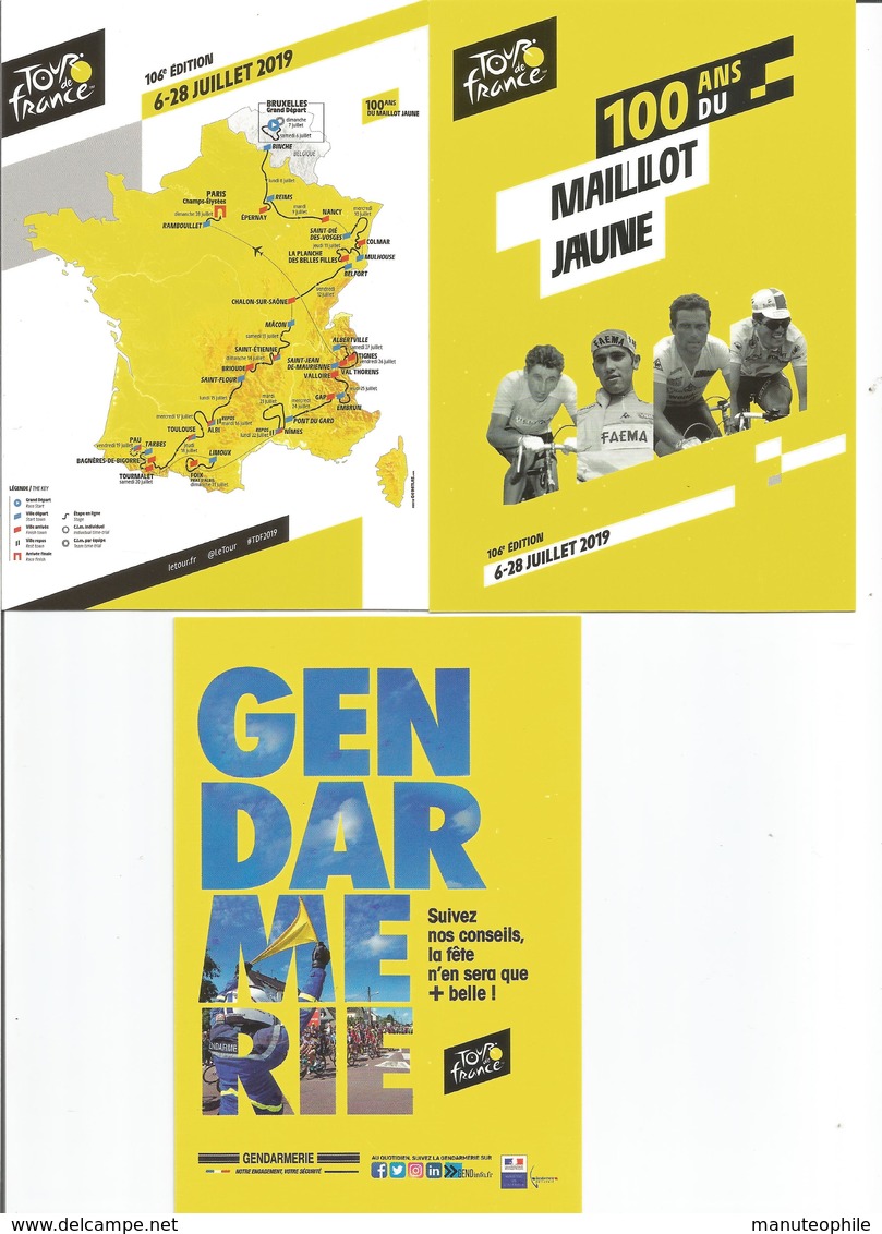 Tour De France Cyclisme 3 Cartes Du Tour 2019 (la Carte Du Trajet La Gendarmerie Et Les 100 Ans Du Maillot Jaune) - Wielrennen