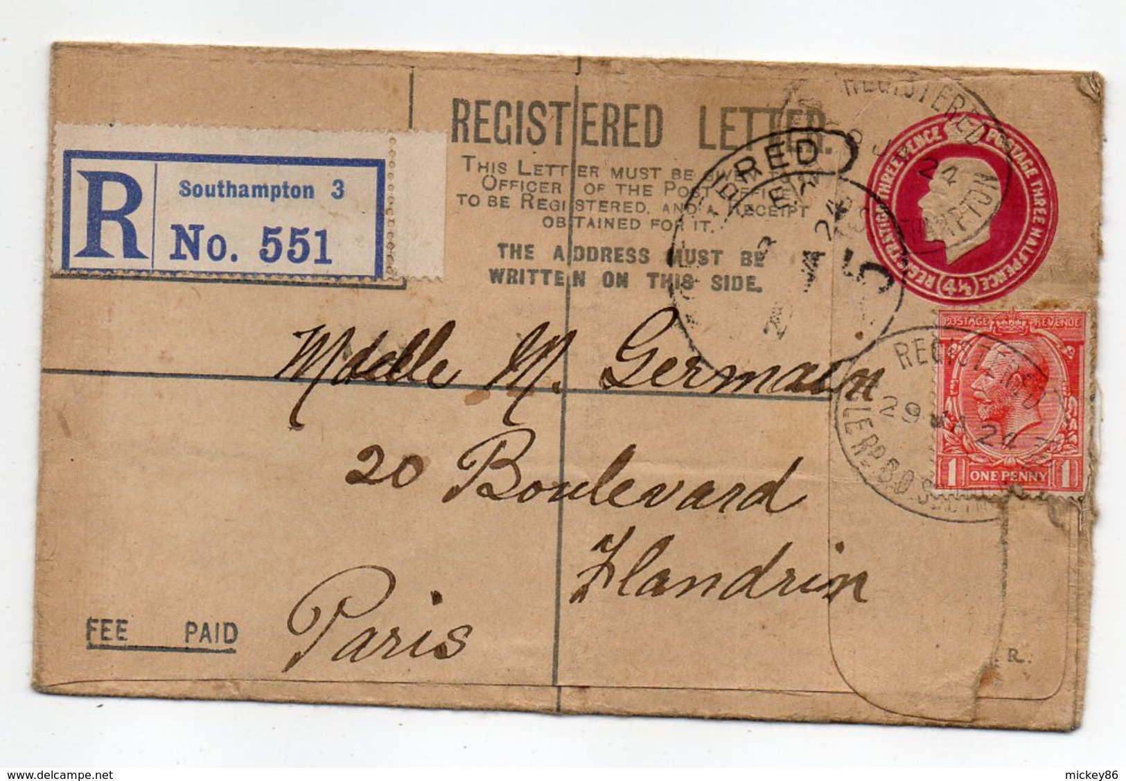 U.K --1924--Lettre De SOUTHAMPTON  Pour PARIS  (France )-Entier + Timbre  -cachet - Lettres & Documents