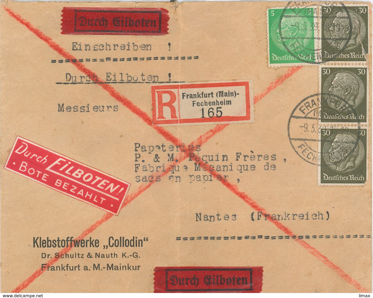 R-Brief Frankfurt Main Fechenheim Eilboten Hindenburg 1939 Nach Nantes/Frankreich - Briefe U. Dokumente