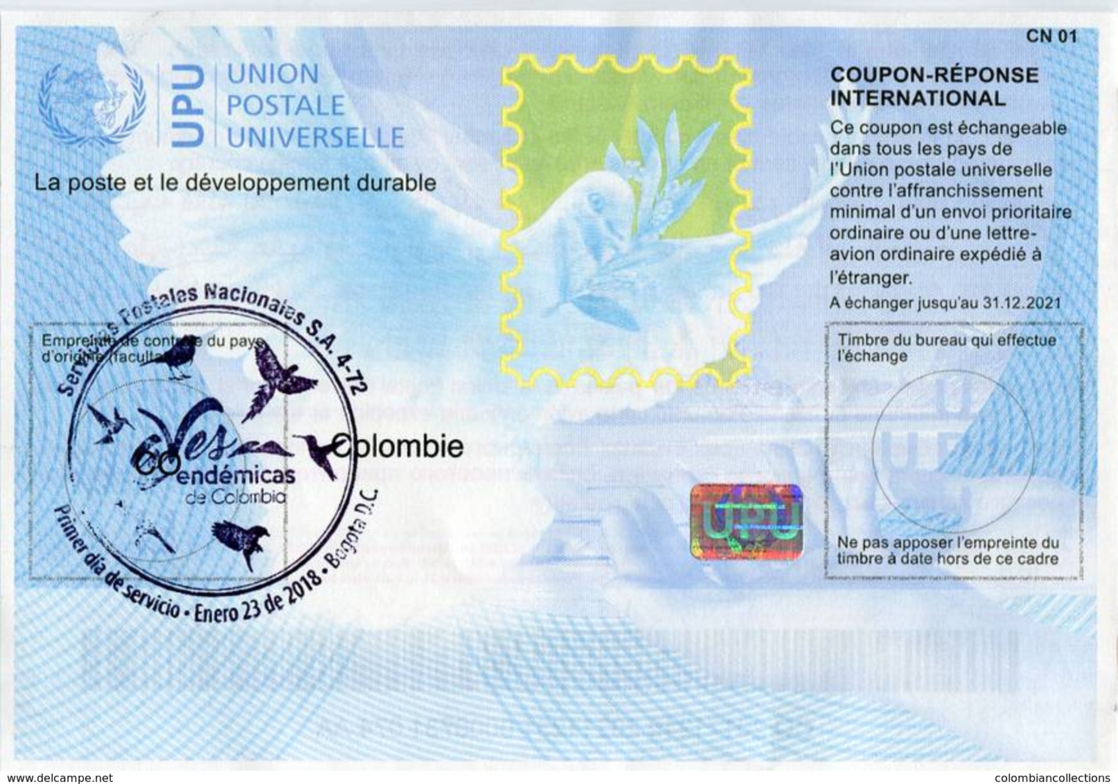 Lote SC848, Colombia, 2018, Cupon De Respuesta, UPU, Coupon, Bird Cancellation, Aves Endemicas - Sin Clasificación