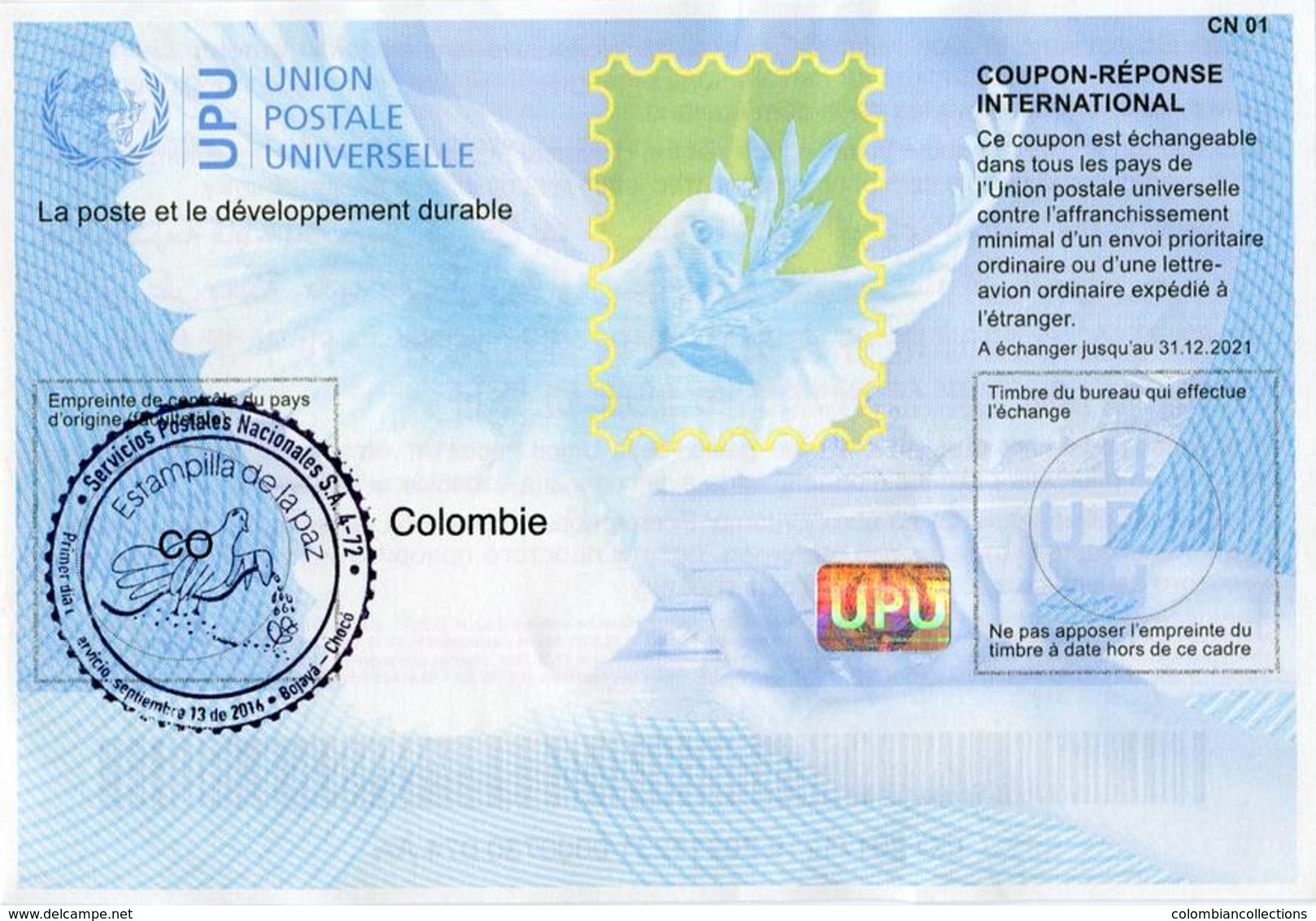 Lote SC851, Colombia, 2018, Cupon De Respuesta, UPU, Coupon, Bird Cancellation, Estampilla De La Paz - Sin Clasificación