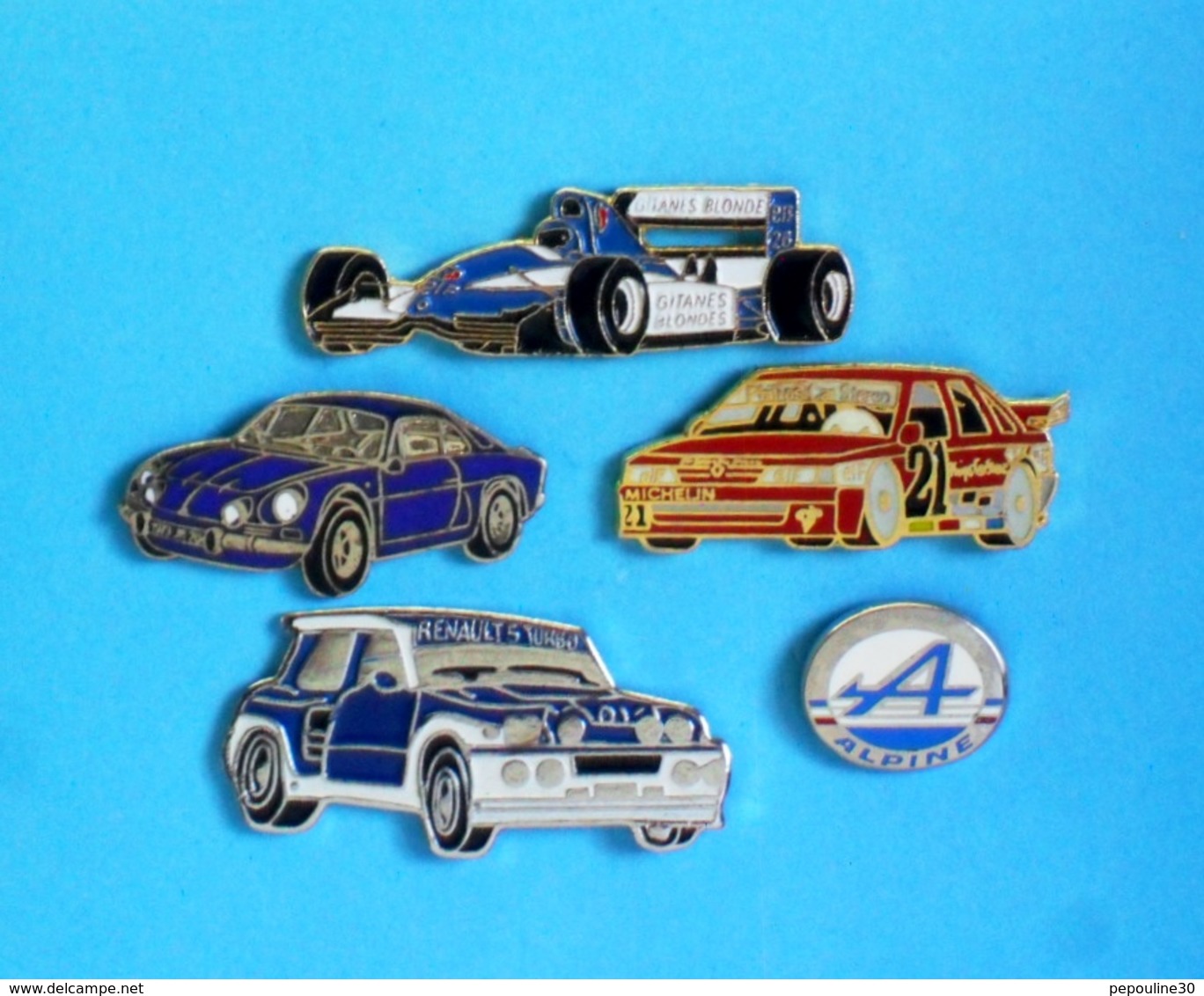 5 PIN'S //  ** F1 LIGIER / R5 MAXI TURBO / R21 TURBO / LOGO & ALPINE A110 RENAULT ** . (Locomobile Winner) - Renault