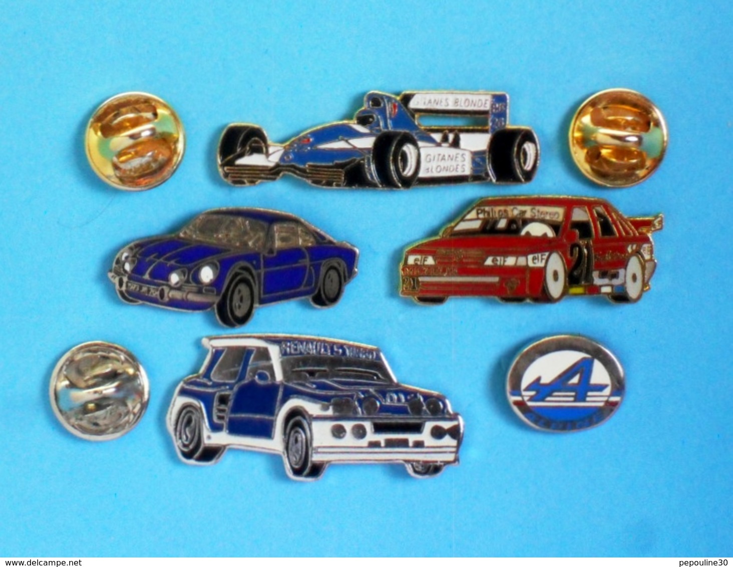 5 PIN'S //  ** F1 LIGIER / R5 MAXI TURBO / R21 TURBO / LOGO & ALPINE A110 RENAULT ** . (Locomobile Winner)