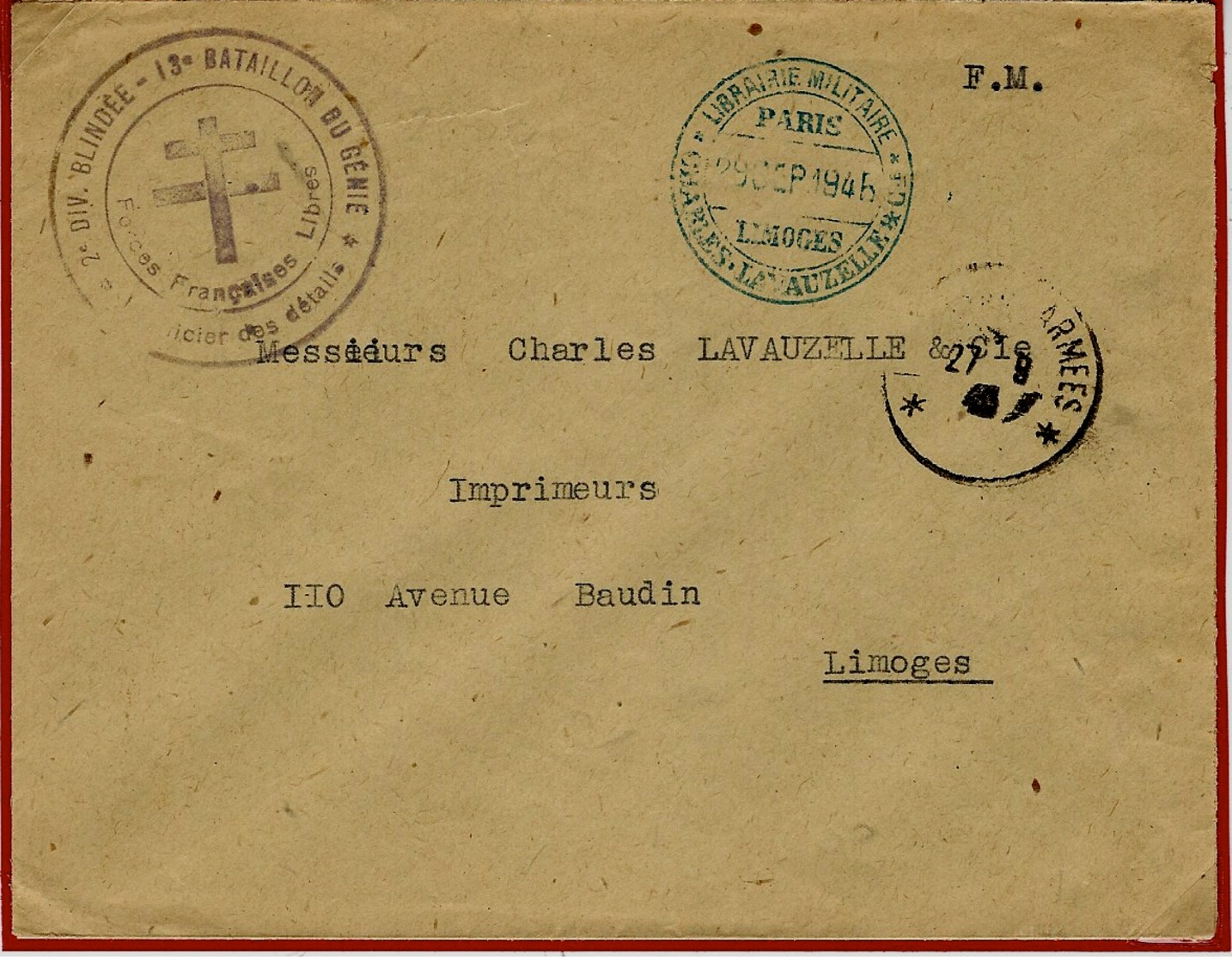 1945- Enveloppe En F M  De Paris  - 2 ème Division Blindée - 13ème Bataillon Du Génie - Guerre De 1939-45