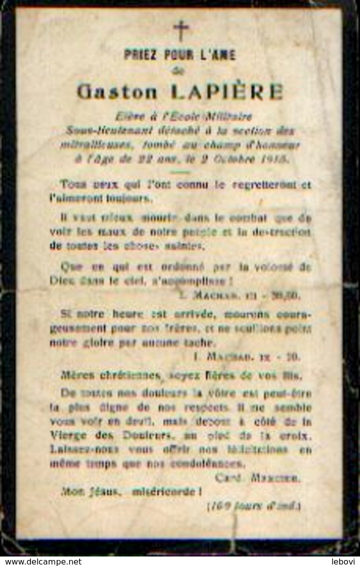 Souvenir Mortuaire LAPIÈRE Gaston (1893-1915) – élève à L’école Militaire – Sous-lieutenant Mort Au Champ D’honneur - Images Religieuses