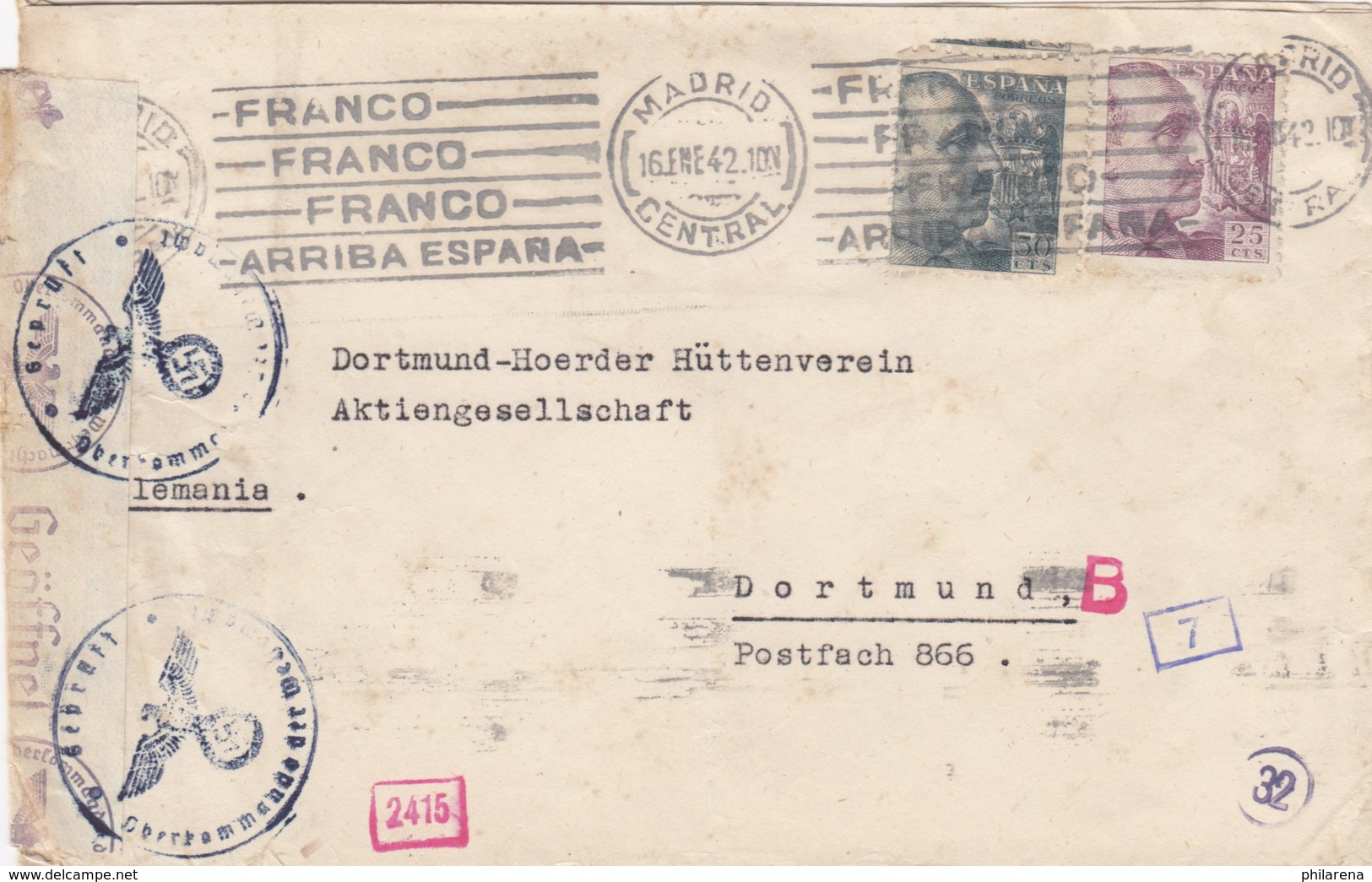 1942: Madrid To Dortmund, Censor - Autres & Non Classés