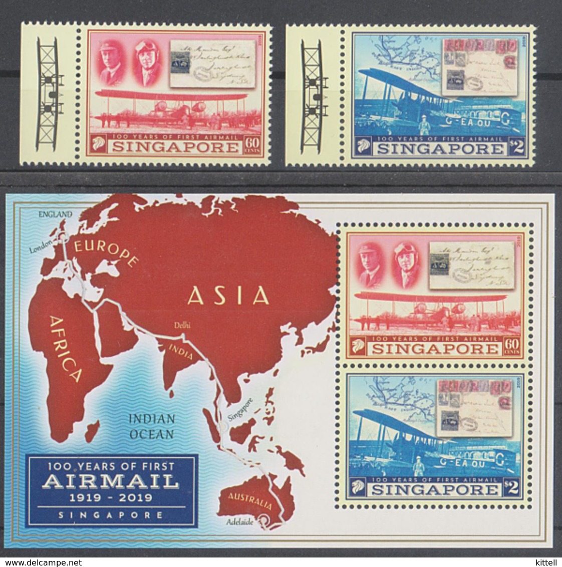 Singapore 2019, 100 Years Of First Airmail Flight 2v + MS,  MNH - Poste