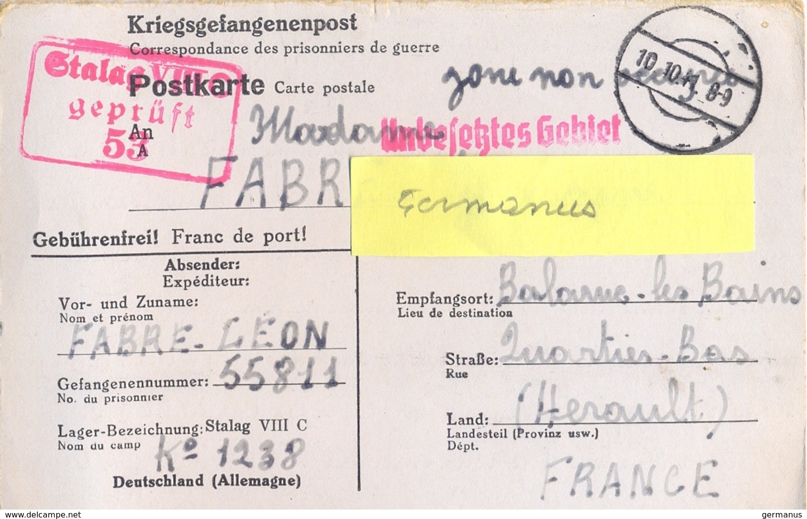 GUERRE 39-45 POSTKARTE PRISONNIER Au STALAG VIII C /53 Żagań – Rédigé Le 21-9-41 - Guerra Del 1939-45