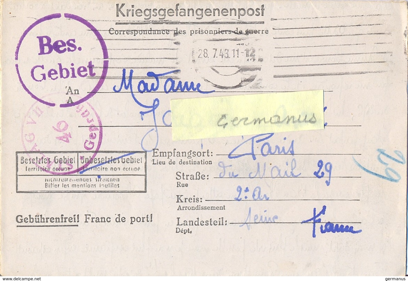 GUERRE 39-45 CORRESPONDANCE PRISONNIER DE GUERRE Français Au STALAG VII A /46 Moosburg, Allemagne Rédigé Le 18-7-43 - Guerre De 1939-45