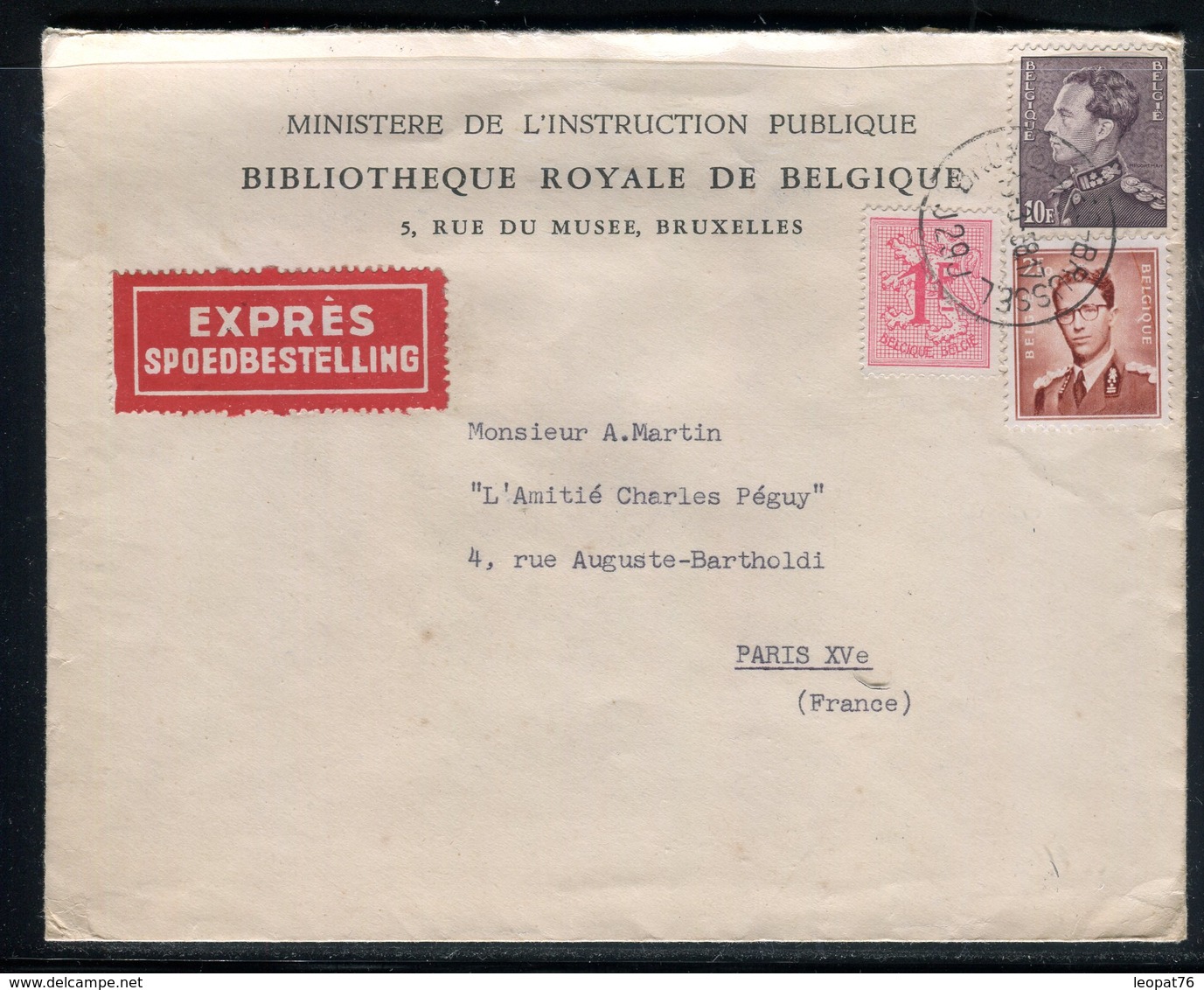 Belgique - Enveloppe Du Ministère De L'Instruction Publique En Exprès De Bruxelles Pour La France En 1958 - Réf AT 178 - Brieven En Documenten