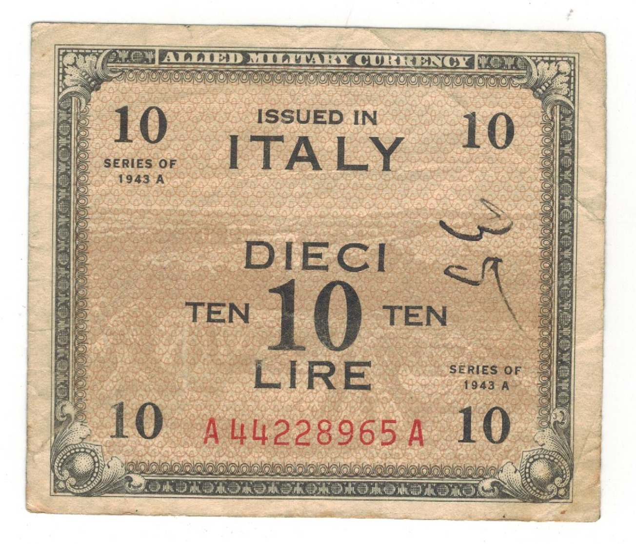 Italy, 10 Lire 1943 A. F/VF (Graf.) - Allied Occupation WWII