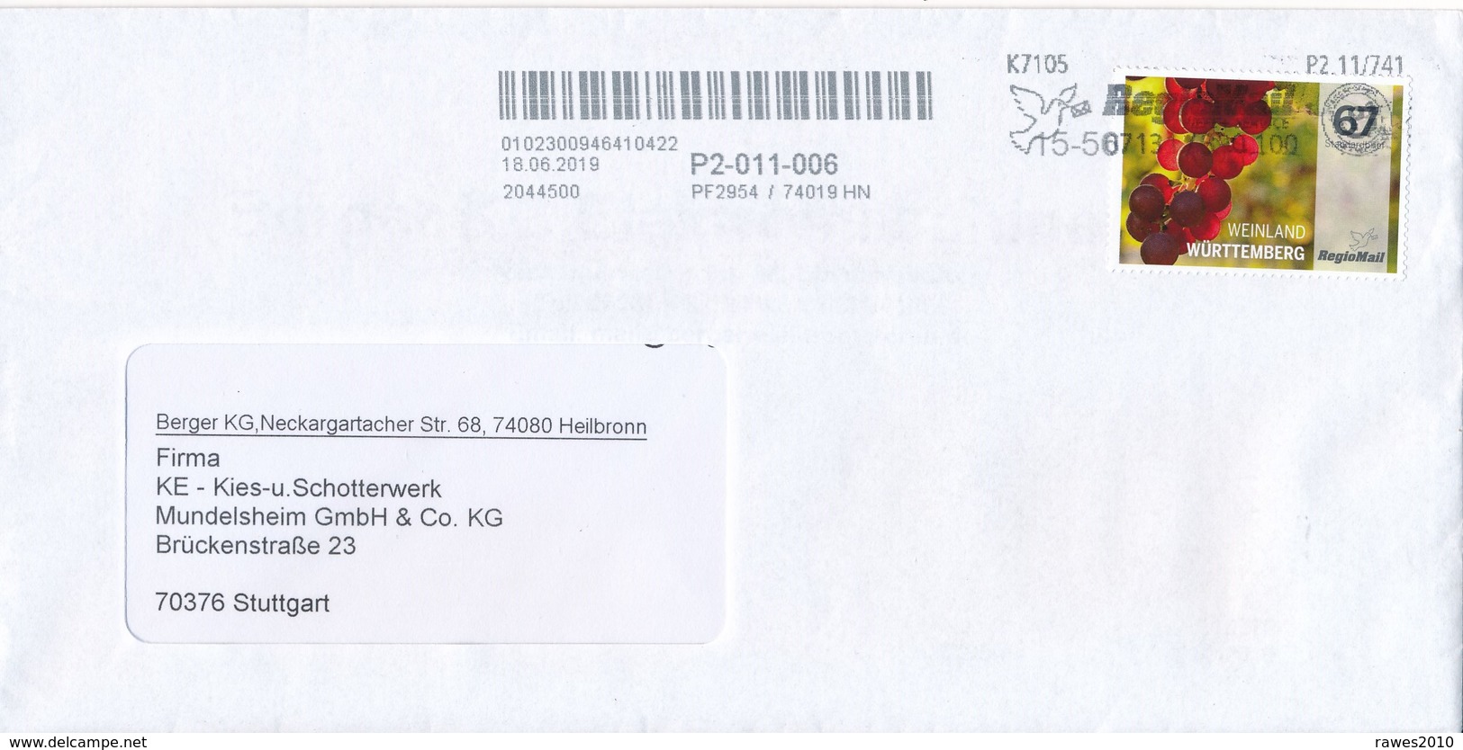 BRD 67 C. Weinland Württemberg Weintrauben RegioMail + Stempel 2019 Heilbronn Taube - Privé- & Lokale Post