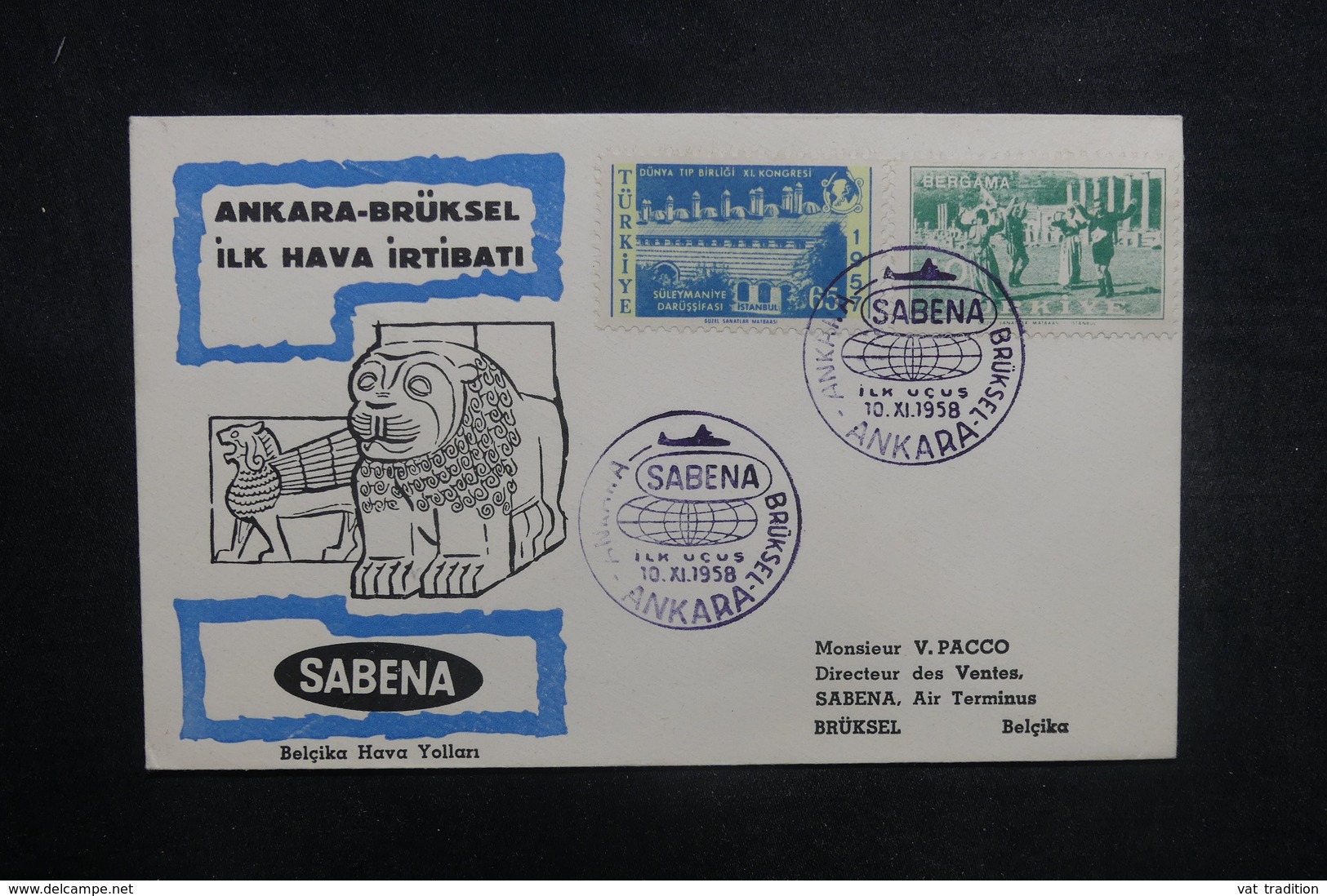 TURQUIE - Enveloppe 1er Vol Ankara / Bruxelles En 1958 - L 37840 - Brieven En Documenten