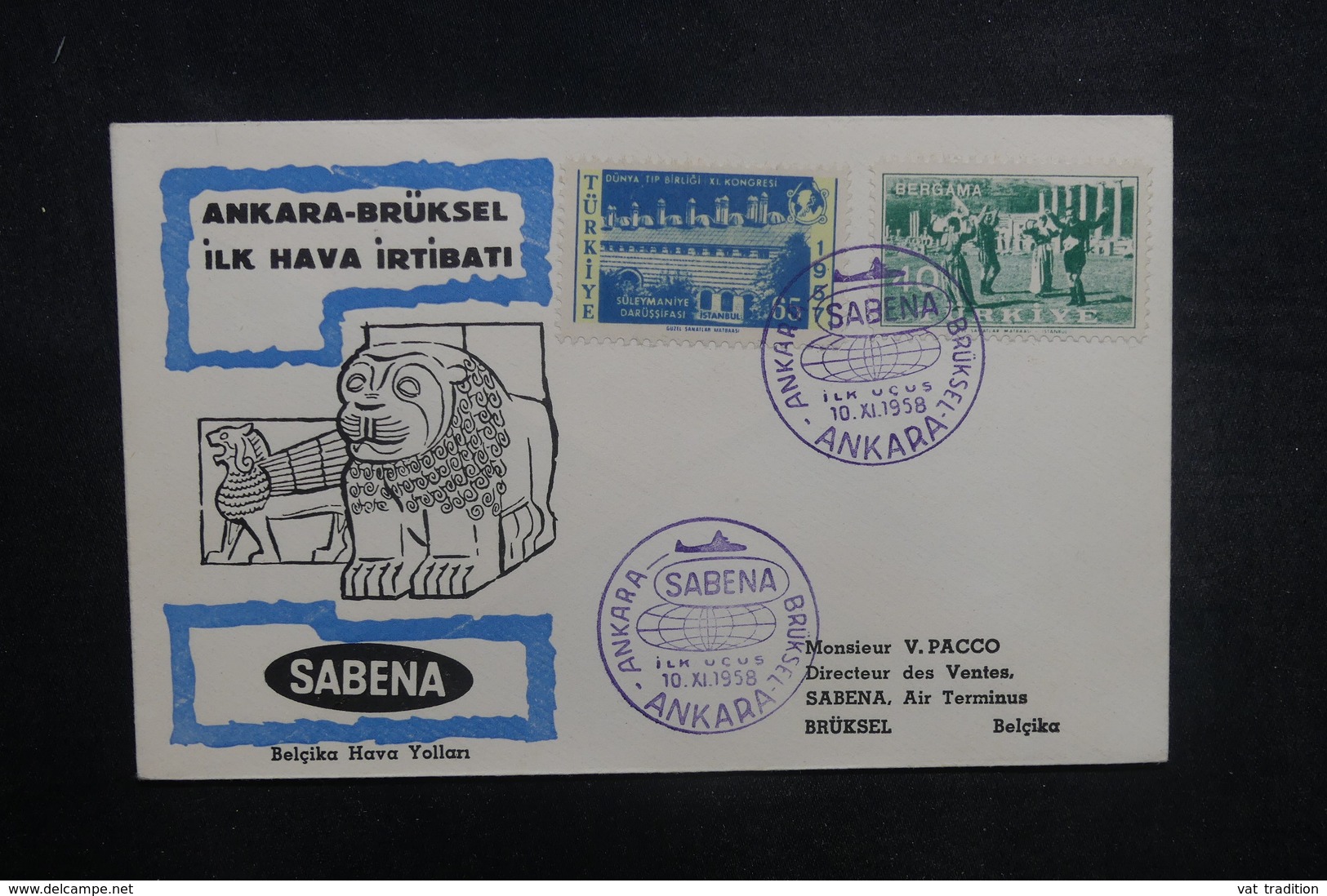 TURQUIE - Enveloppe 1er Vol Ankara / Bruxelles En 1958 - L 37841 - Lettres & Documents