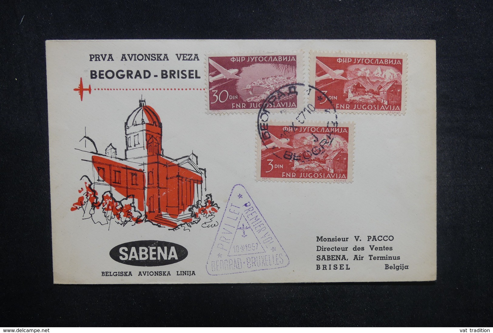 YOUGOSLAVIE - Enveloppe 1er Vol Belgrade / Bruxelles En 1957 - L 37845 - Lettres & Documents