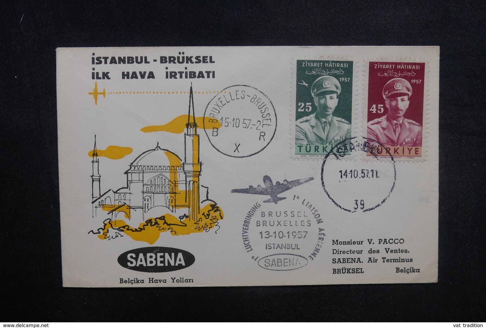 TURQUIE - Enveloppe 1er Vol Istanbul / Bruxelles En 1957 - L 37846 - Covers & Documents