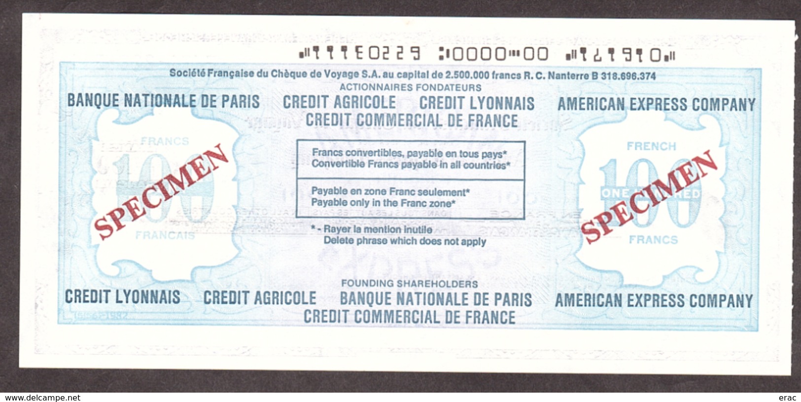 SPECIMEN - Chèque De Voyage En Francs Français - Travelers Cheque - 100 Frans - American Express - Chèques & Chèques De Voyage