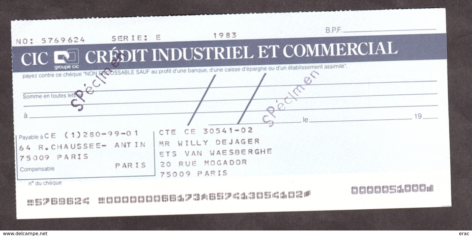 SPECIMEN - Chèque Crédit Industriel Et Commercial - Peu Courant - Chèques & Chèques De Voyage