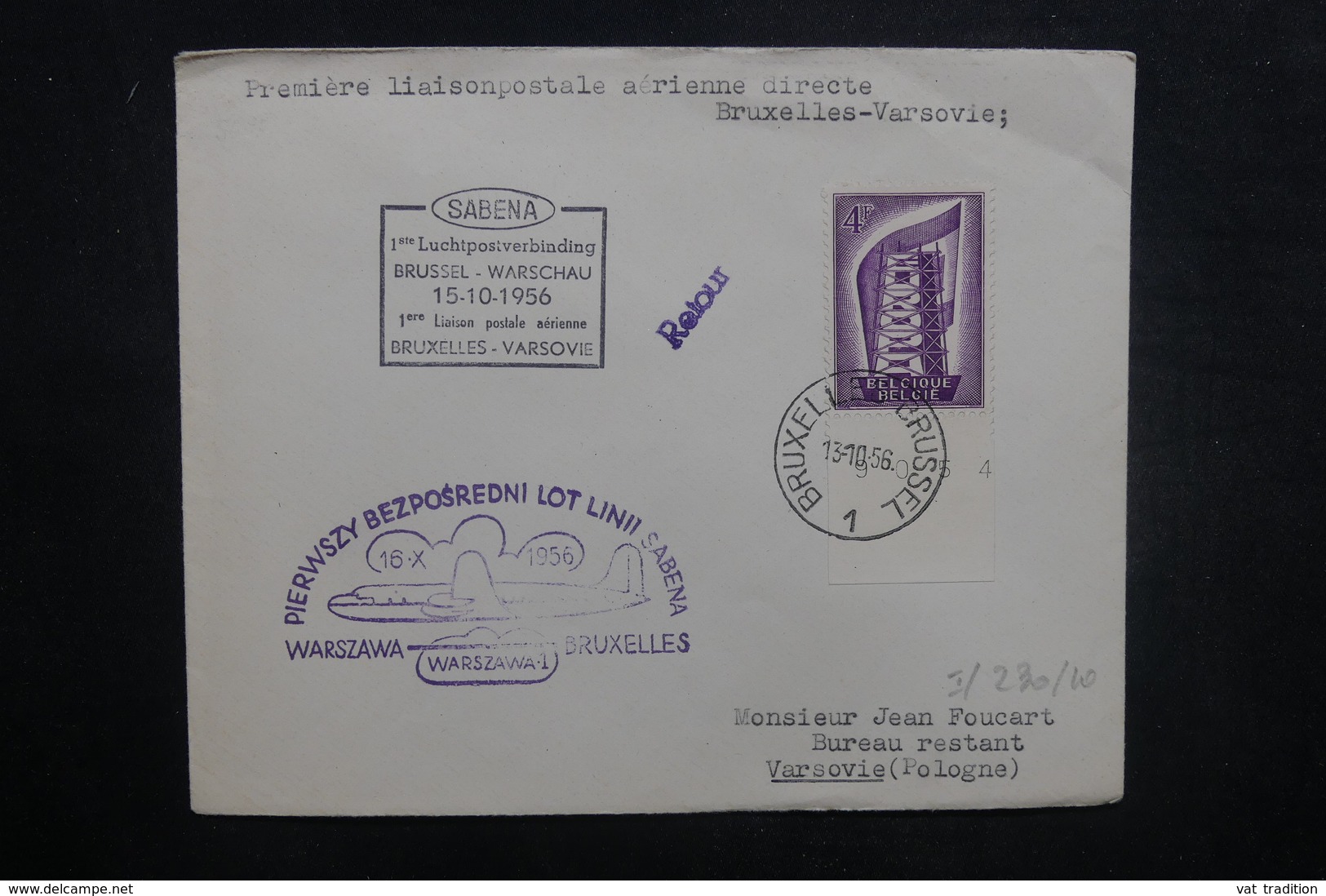 BELGIQUE - Enveloppe 1er Vol Bruxelles / Warschau En 1956 - L 37857 - Covers & Documents