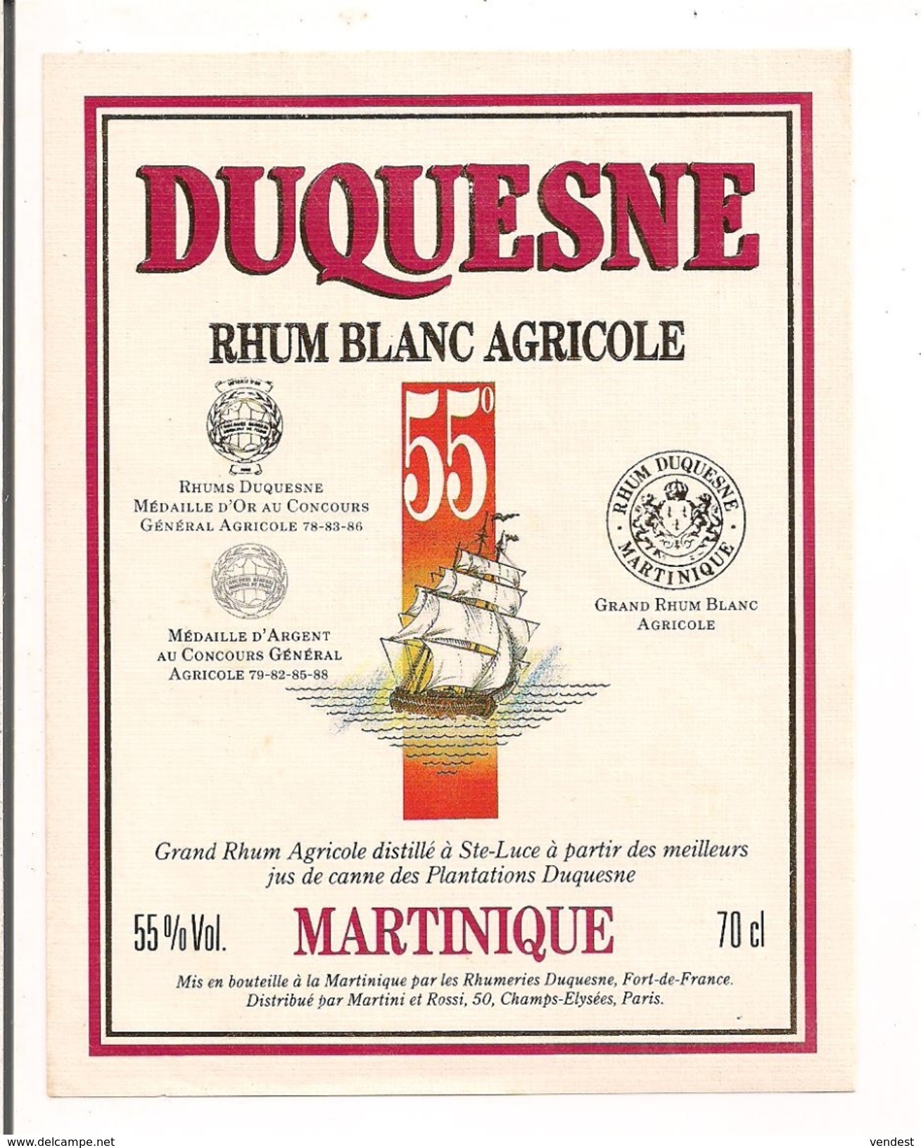 Etiquette Rhum Blanc Agricole - Duquesne - 55% - 70cl. - MARTINIQUE - Médailles Or 78 - 83 - 86 - - Rhum