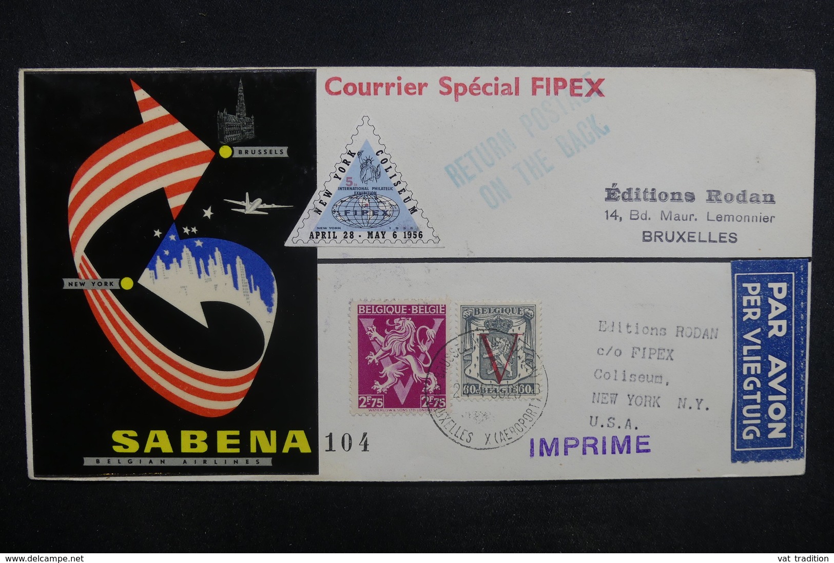 BELGIQUE - Enveloppe Par Vol Spécial " FIPEX " Bruxelles /New York 1956 ,cachets Et Affranchissement Plaisants - L 37880 - Covers & Documents