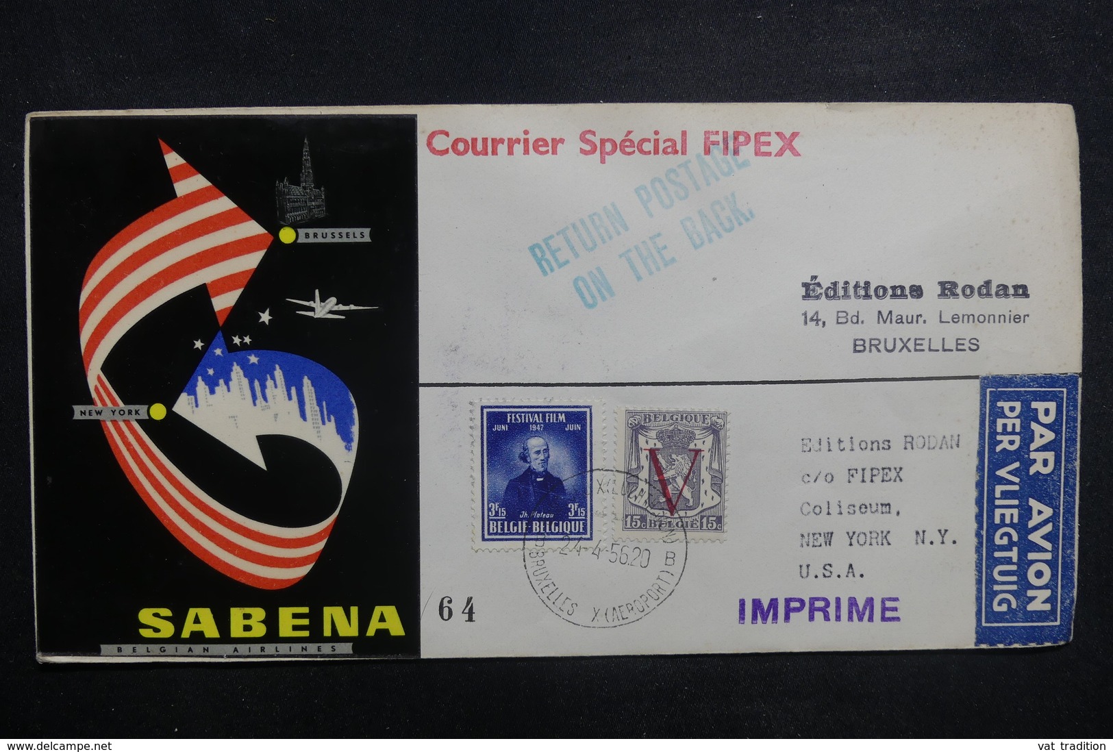 BELGIQUE - Enveloppe Par Vol Spécial " FIPEX " Bruxelles /New York 1956 ,cachets Et Affranchissement Plaisants - L 37884 - Covers & Documents