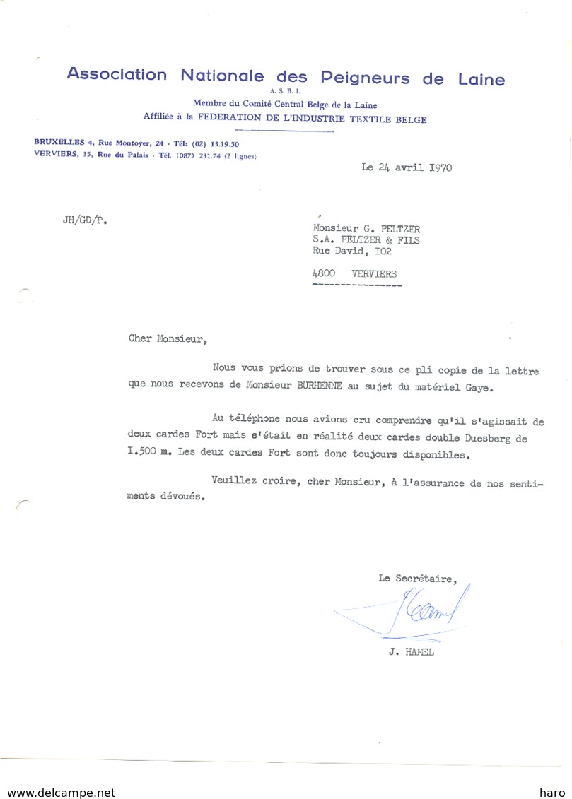 Lettre à Entête " Association Nationale Des Peigneurs De Laine " Bruxelles - Verviers 1971 - Textile (jm) - Textile & Vestimentaire