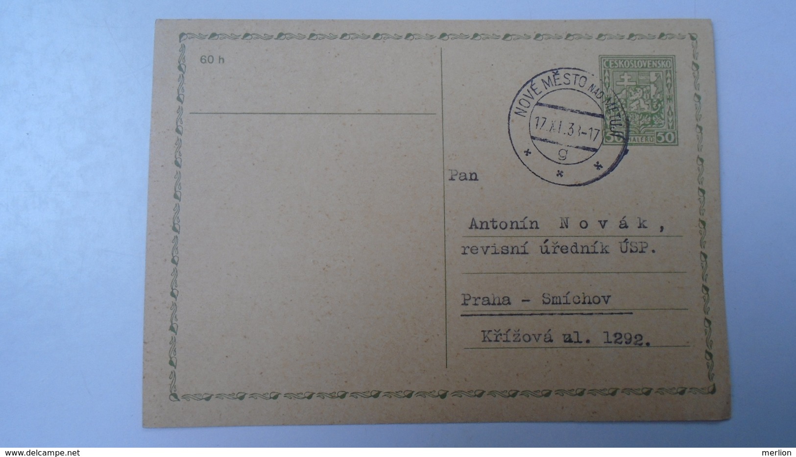 D166511  Czechoslovakia -Entier  Postal Stationery - Ganzsache - Nove Mesto Nad Metuji  1938 - Briefe U. Dokumente