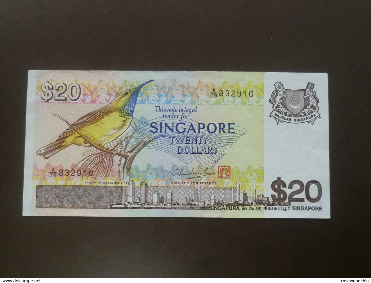 VINTAGE ! SINGAPORE $20 BIRD SERIES PAPER MONEY BANKNOTE A/79-832910 (#51A) "A" Prefix - Singapur
