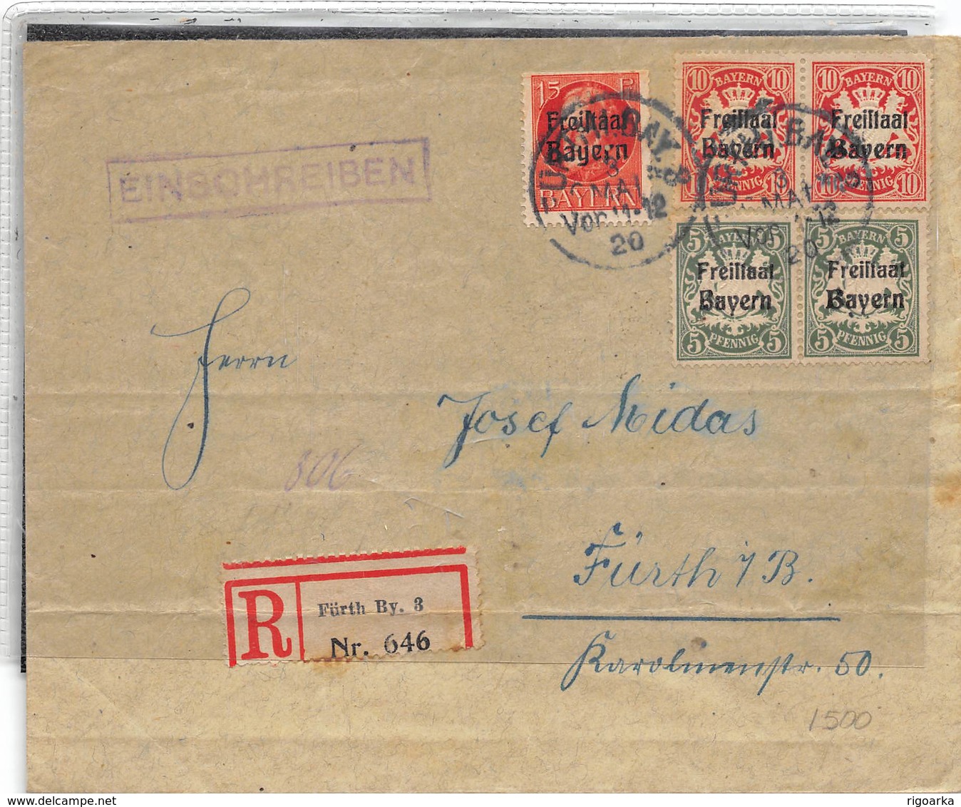 1920.- LETTRE RECOMMANDÉE DE FÜRTH AVEC TIMBRES YV Nº 153, 155 ET 156 - Other & Unclassified