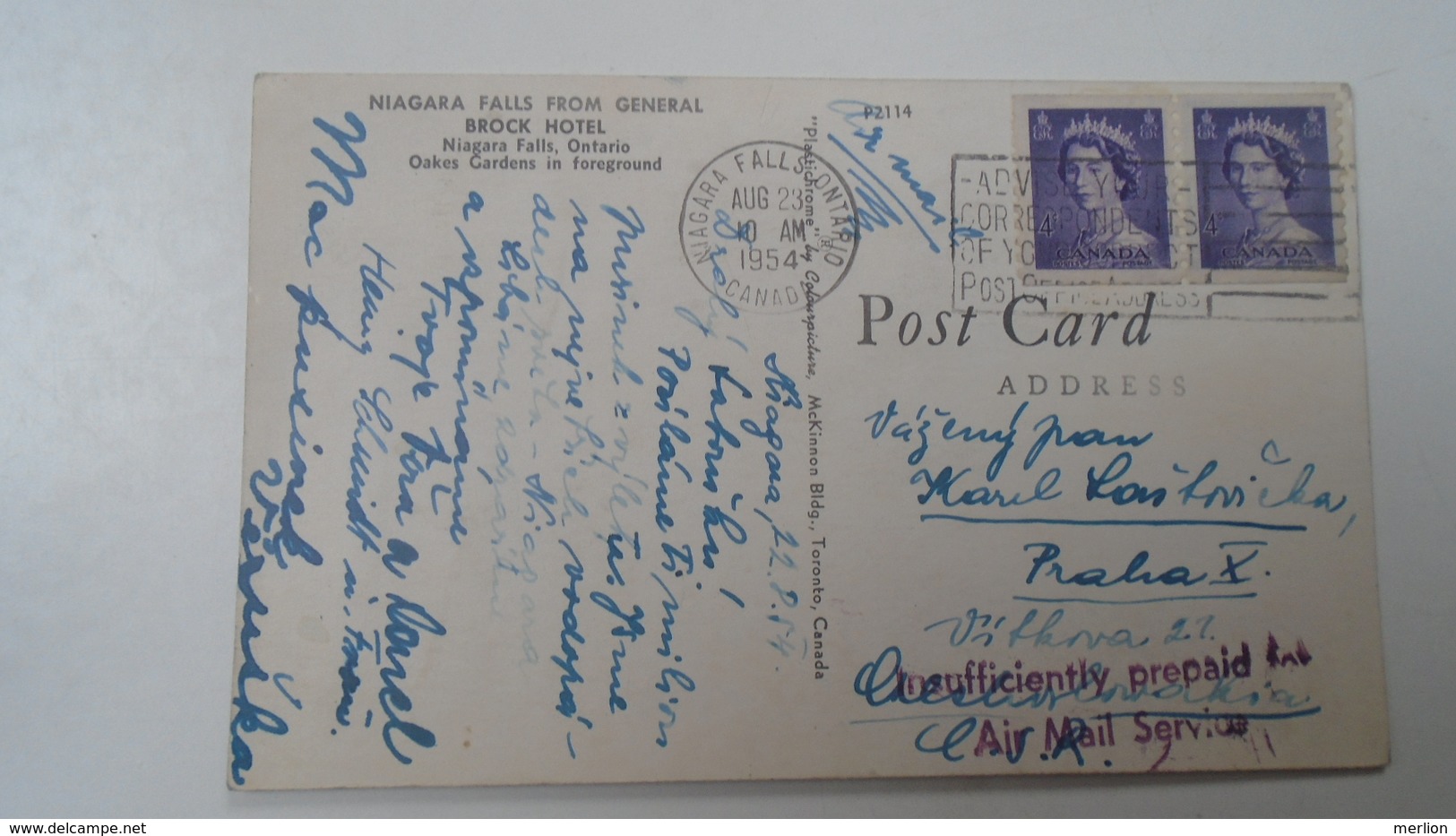 D166537 Canada - 1954 INSUFFICIENTLY PREPAID FEE - Air Mail Service  On Postcard - Strafport