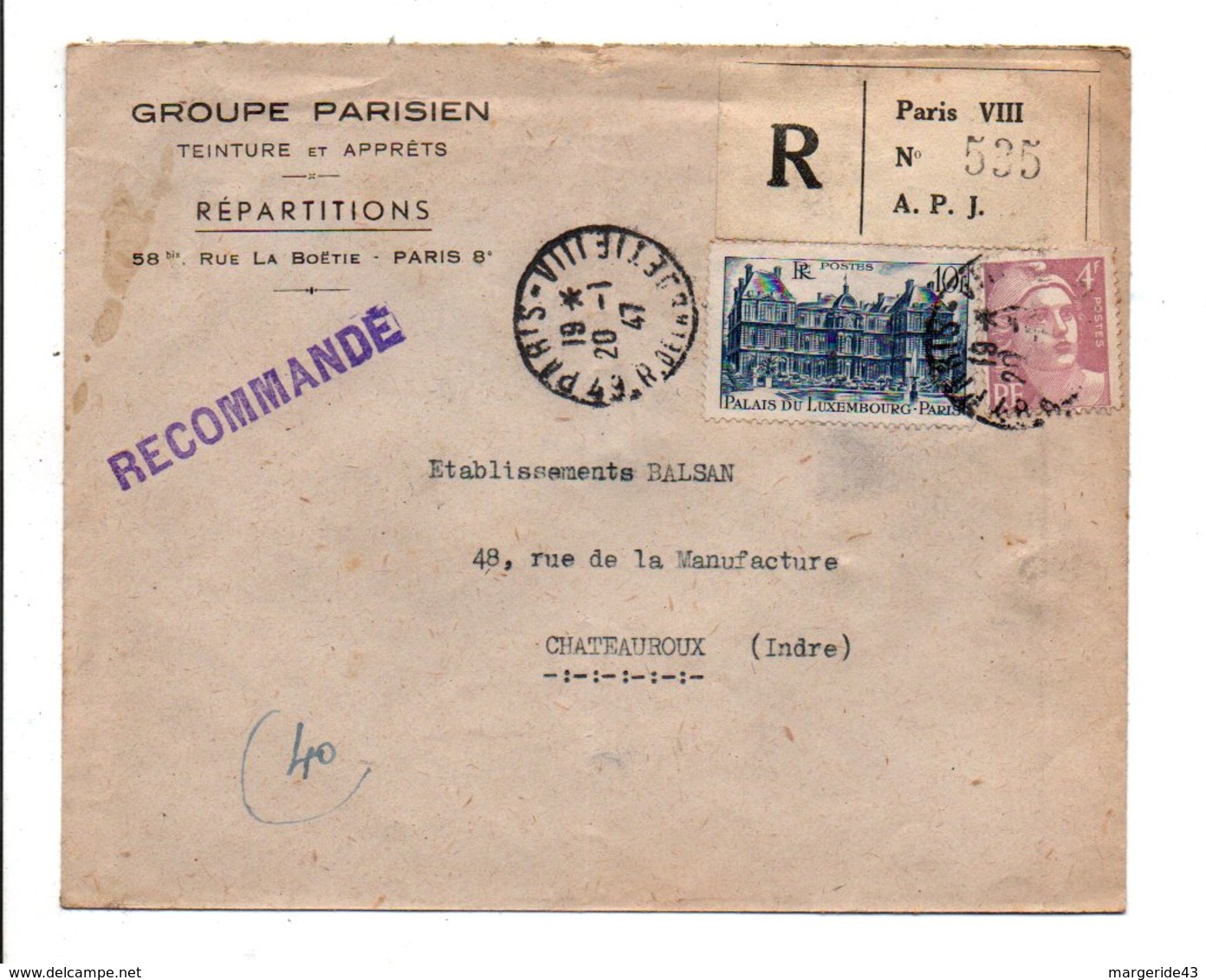 AFFRANCHISSEMENT COMPOSE SUR LETTRE A EN TETE RECOMMANDEE DE PARIS VIII 1947 - 1921-1960: Période Moderne