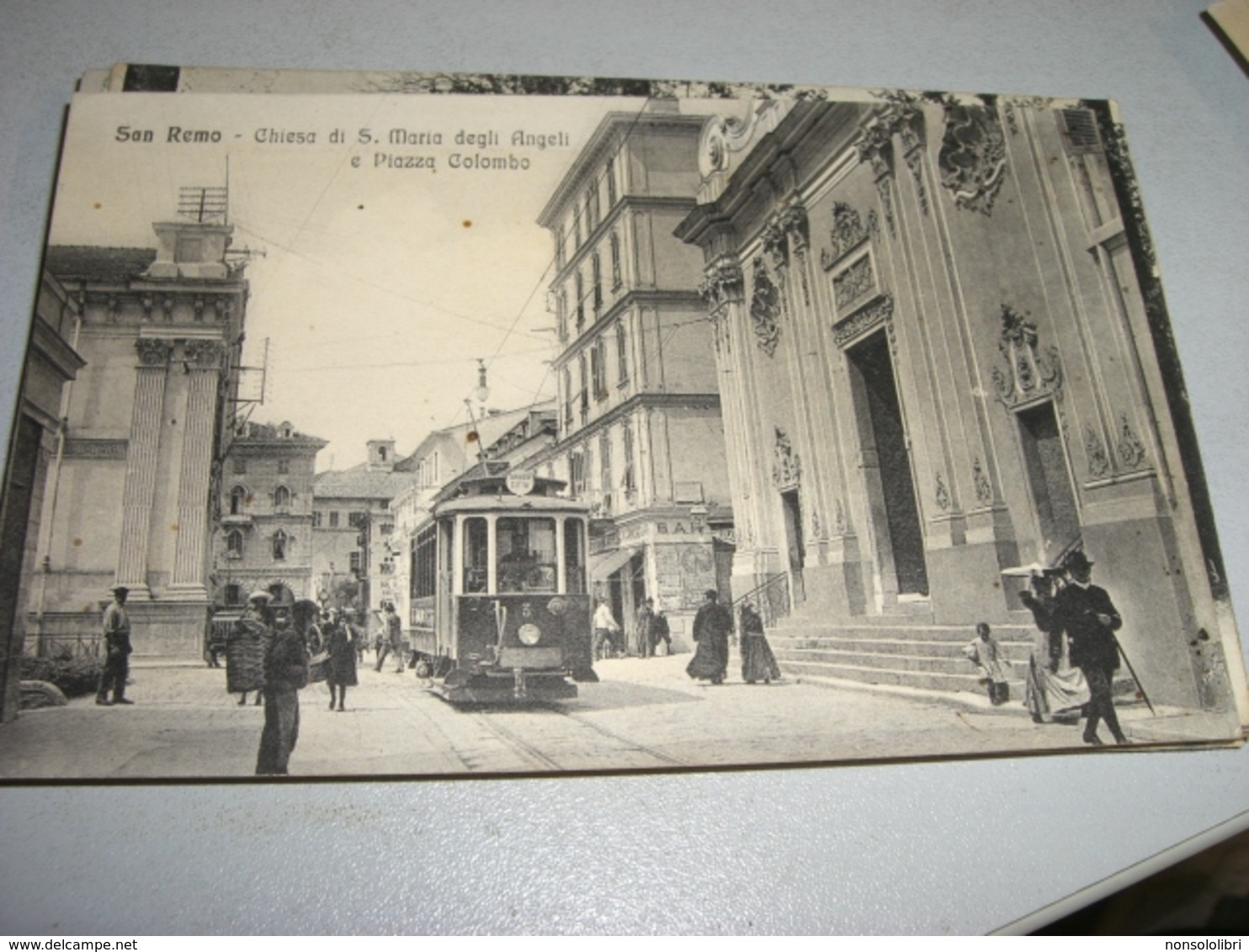 CARTOLINA SANREMO -CHIESA DI SANTA MARIA DEGLI ANGELI E PIAZZA COLOMBO - Tram