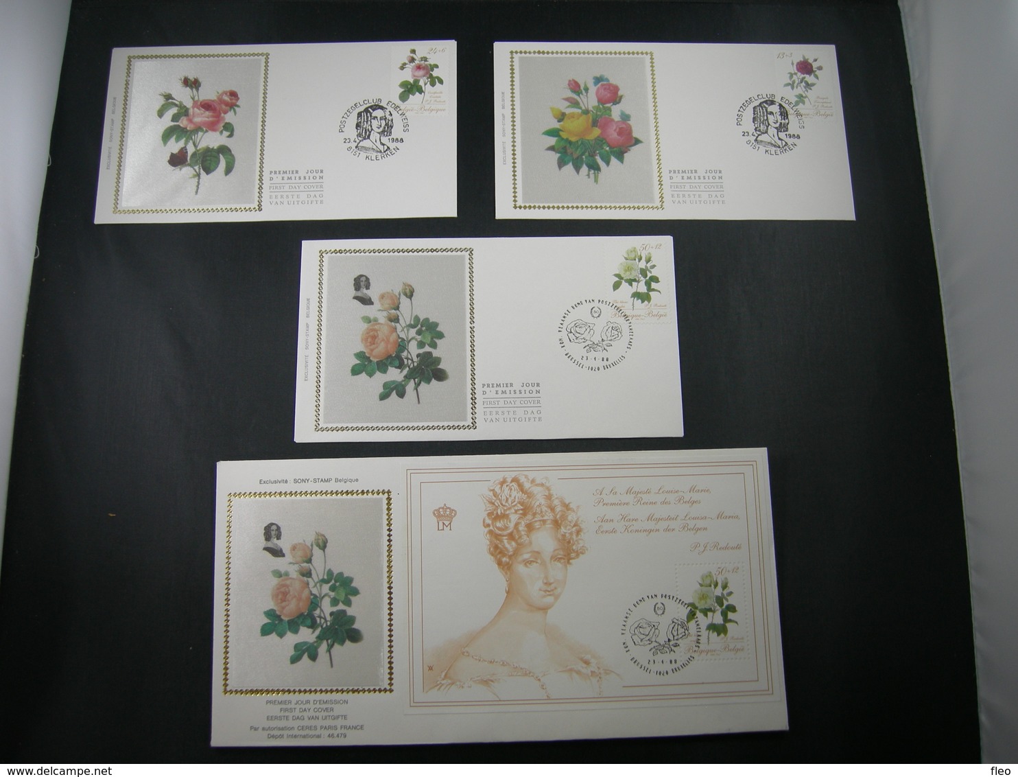 BELG.1988 2280 2281 2282 & BL63 FDC's Soie/zijde : " PROMOTIE VAN DE FILATELIE/PROMOTION DE LA PHILATELIE ROSES-ROZEN " - 1981-1990