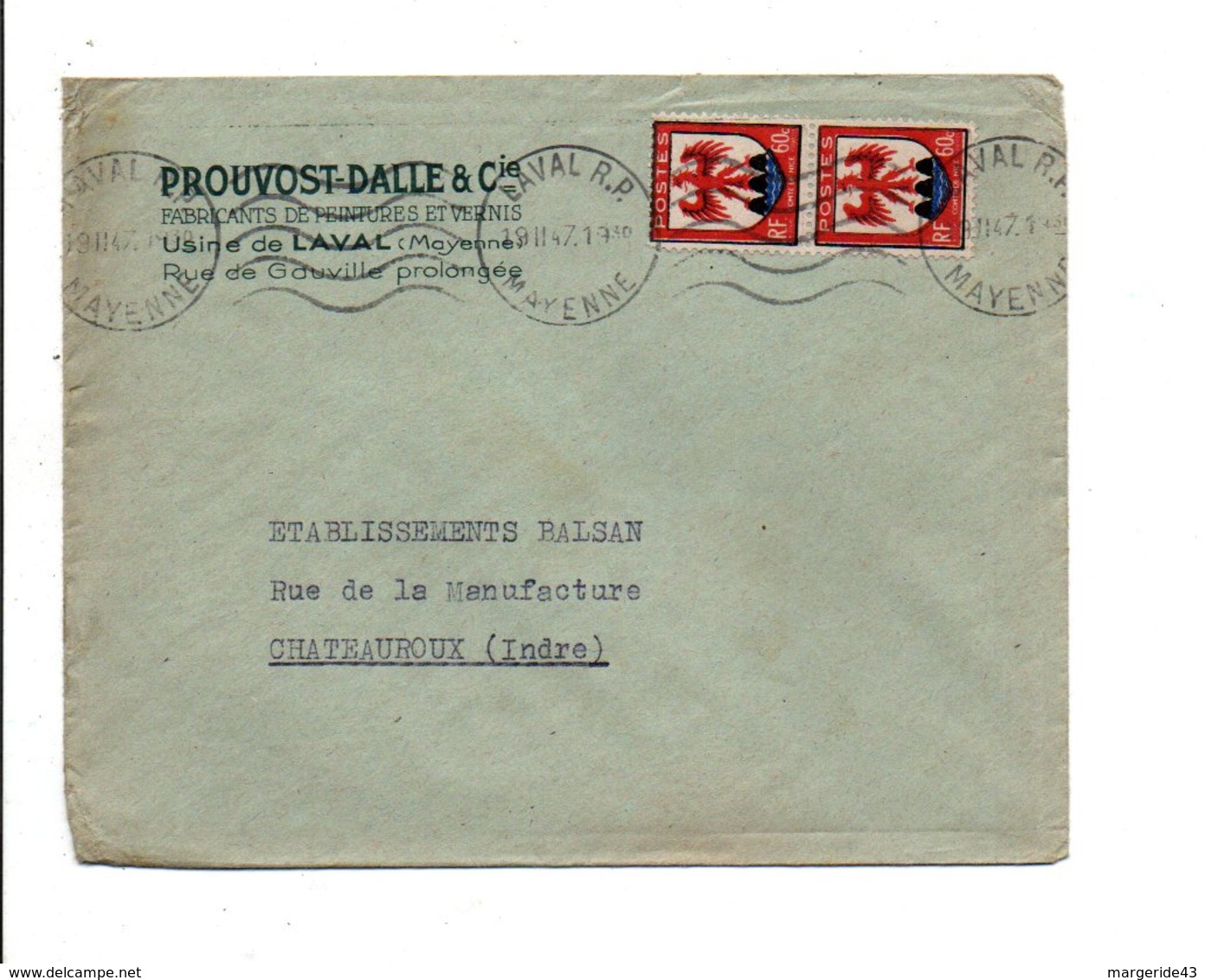 AFFRANCHISSEMENT COMPOSE SUR LETTRE A EN TETE DE LAVAL MAYENNE 1947 - 1921-1960: Période Moderne