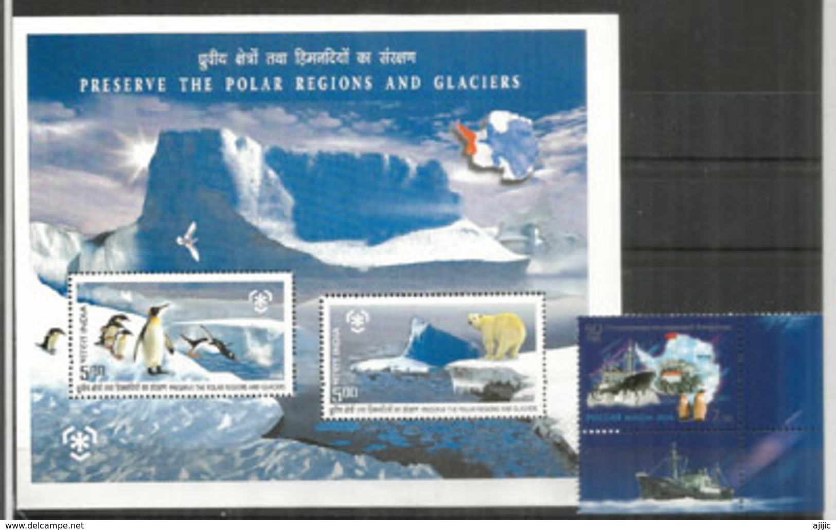 Preservation Des Régions Polaires. Arctique & Antarctique,emission Conjointe INDIA-RUSSIA.Bloc-feuillet + Timbre Neufs** - Preserve The Polar Regions And Glaciers