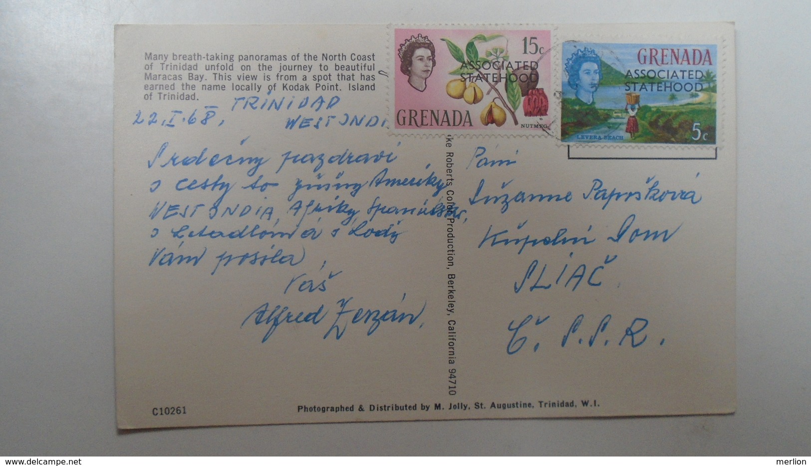 D166550 GRENADA Stamps  On Trinidad Postcard - North Coast Of Trinidad  BWI  1968 Maracas Bay- Kodak Point - Grenada
